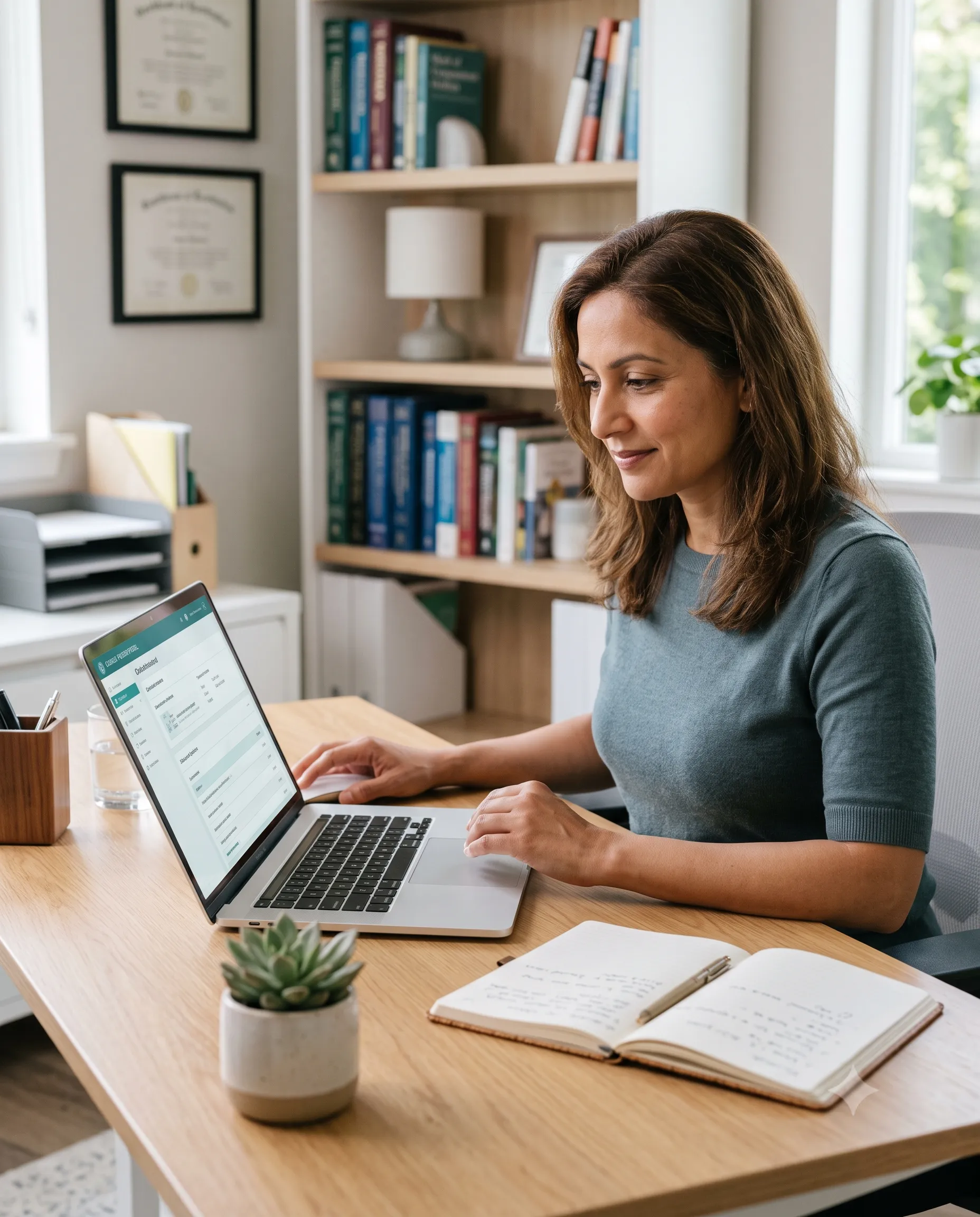 Woman at a desk completing an online doctor note request on her laptop